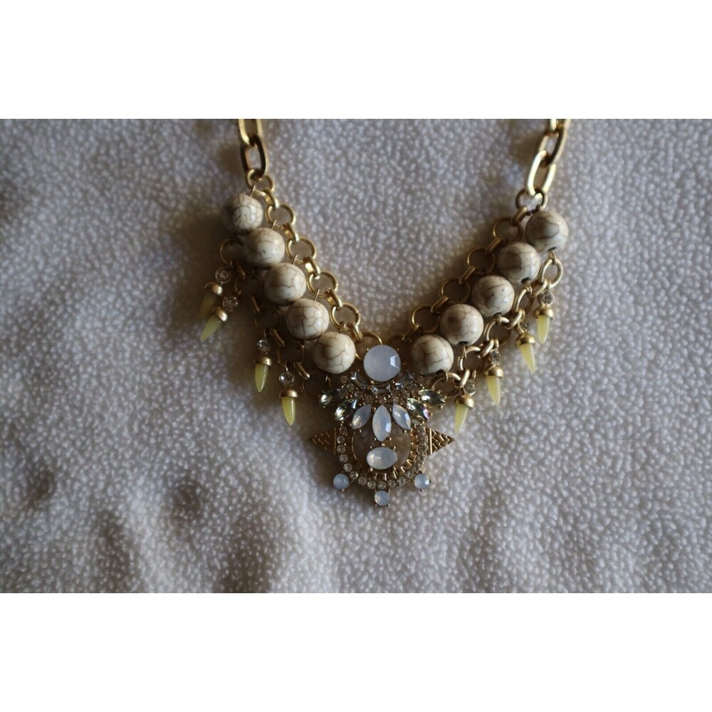Gold Tone Chain Link Bead Necklace White Marbled Faux Howlite Rhinestone AB 17"+ - Picture 5 of 10